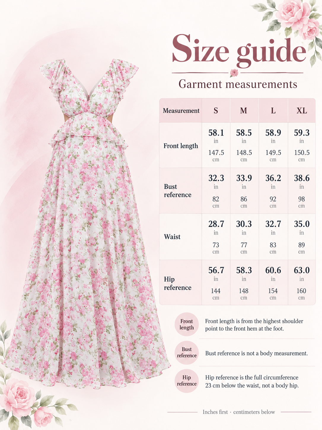 Dahlia Pink Floral maternity dress — size guide with S to XL garment measurements in inches and centimeters