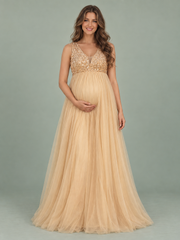 Ottilie Champagne Gold maternity dress — front view with sequin V-neck bodice and floor-length tulle skirt