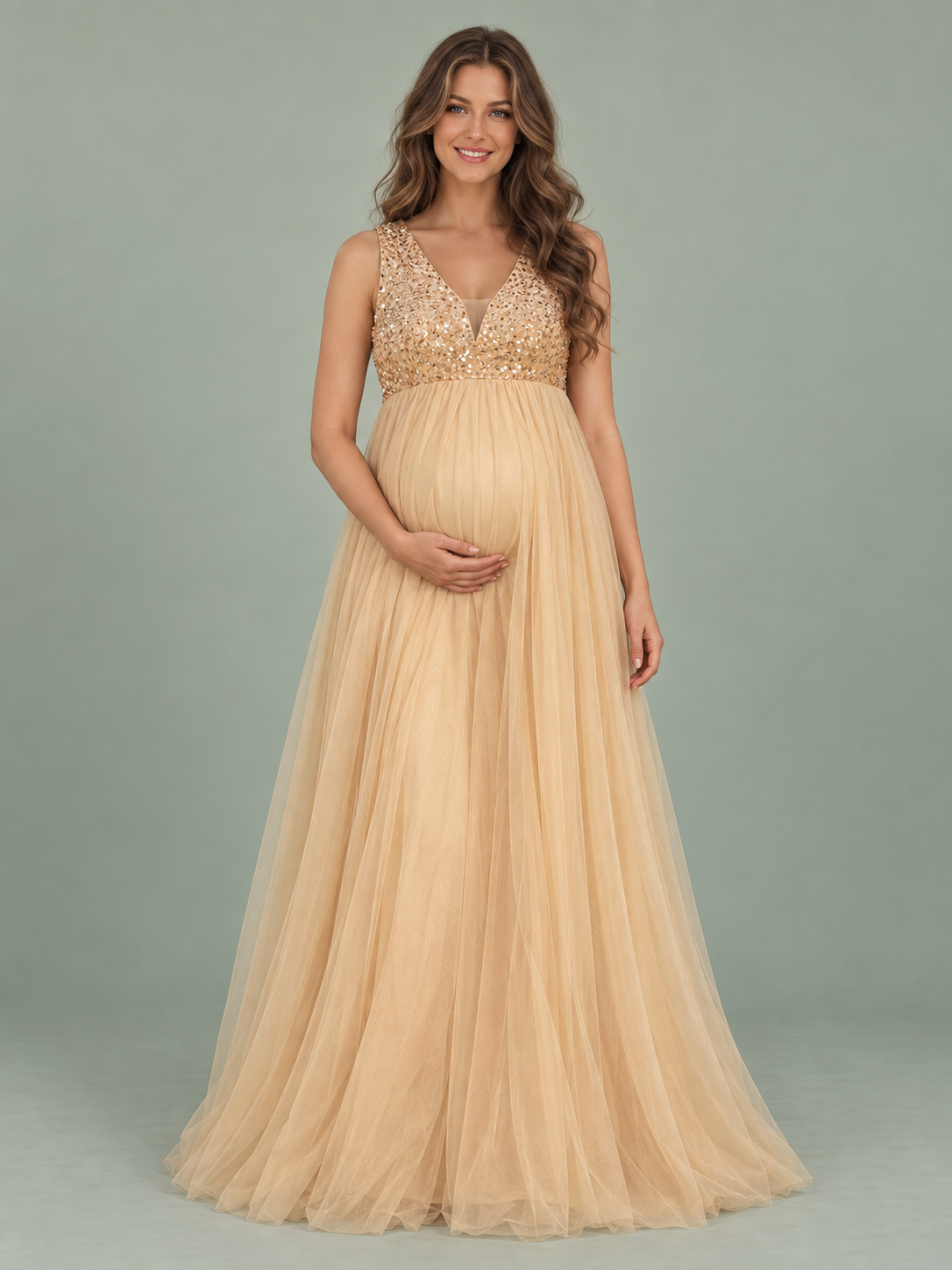 Ottilie Champagne Gold maternity dress — front view with sequin V-neck bodice and floor-length tulle skirt