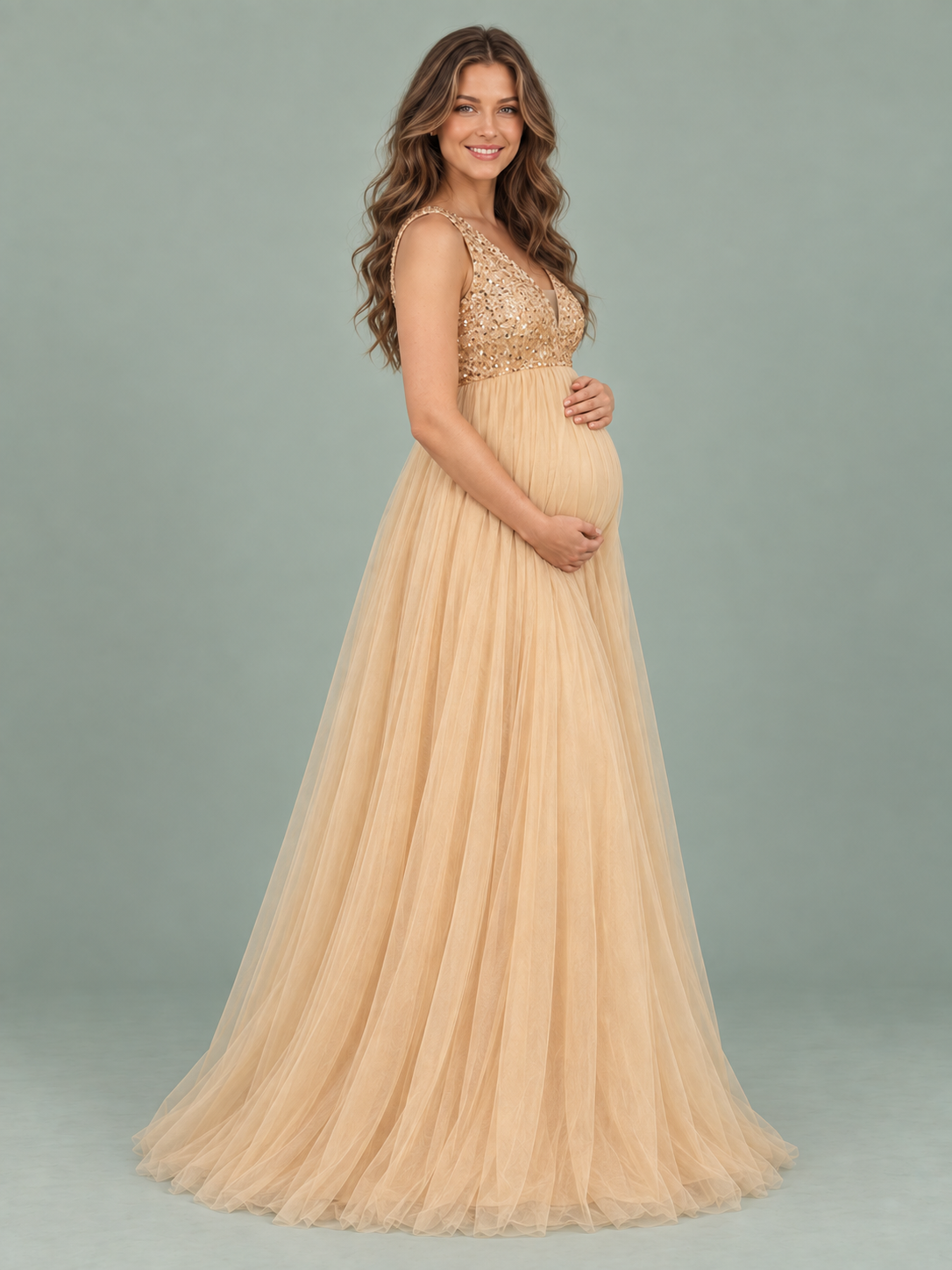 Ottilie Champagne Gold maternity dress — side view of the high waist and maternity silhouette