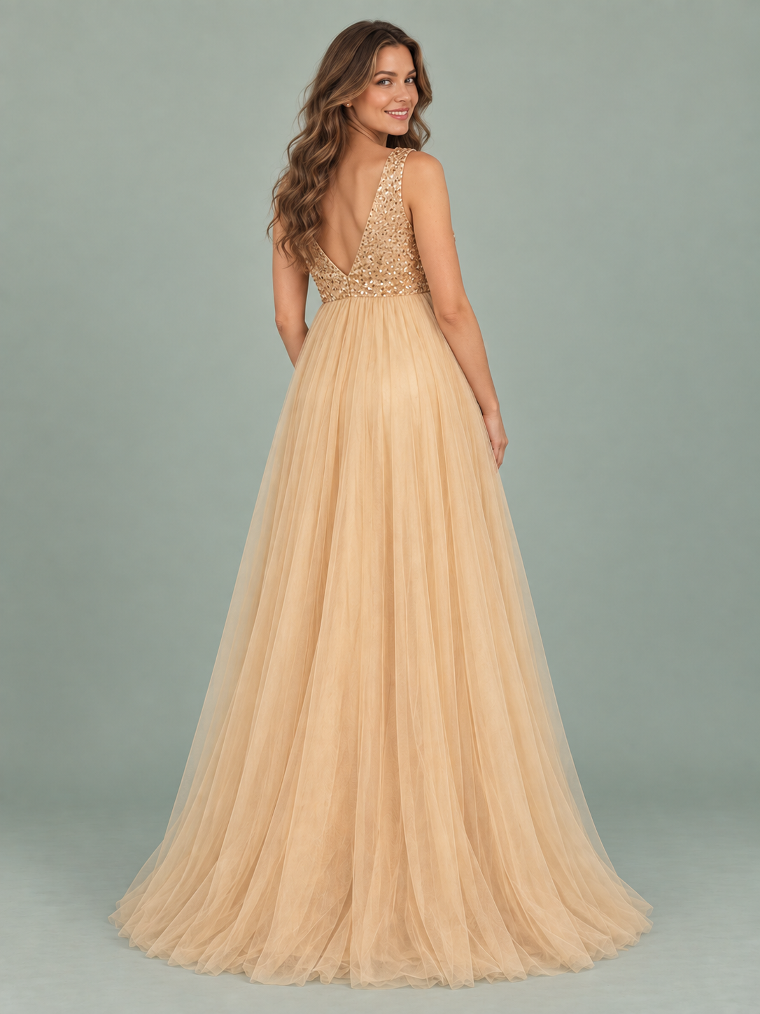 Ottilie Champagne Gold maternity dress — back view of the V back and full tulle skirt