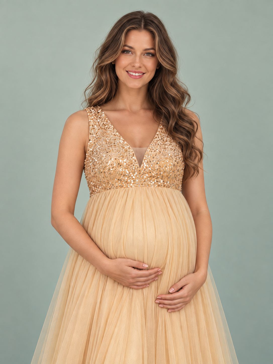Ottilie Champagne Gold maternity dress — wide sequin straps and bodice detail