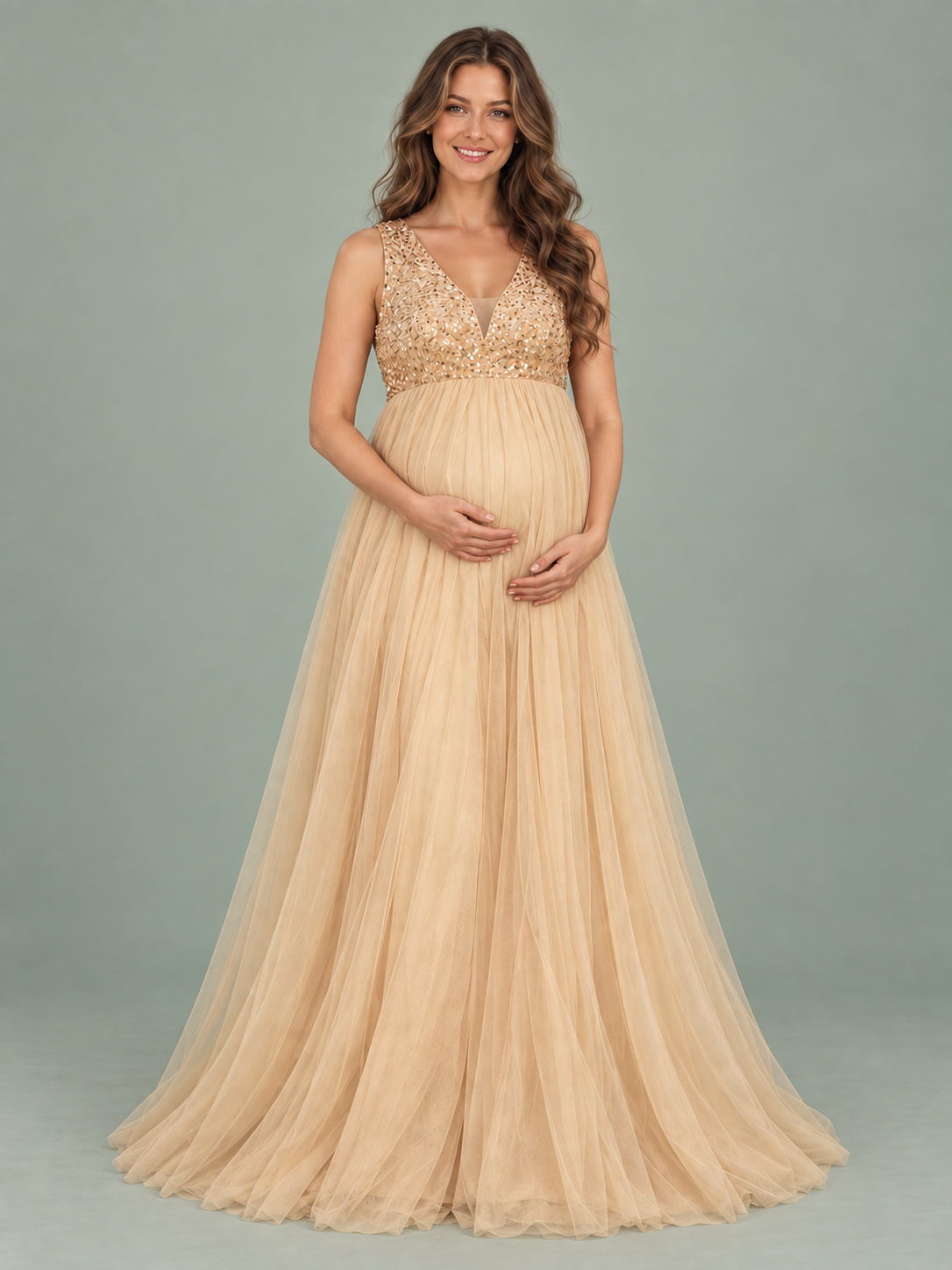 Ottilie Champagne Gold maternity dress — full tulle skirt falling to the floor