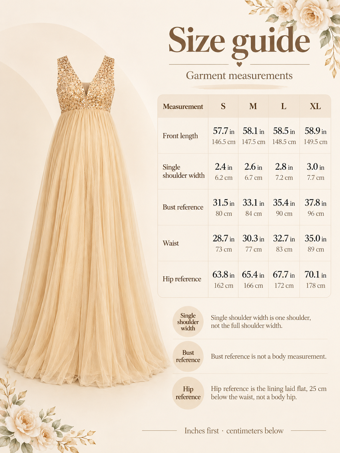 Ottilie Champagne Gold maternity dress — size guide with S to XL garment measurements in inches and centimeters