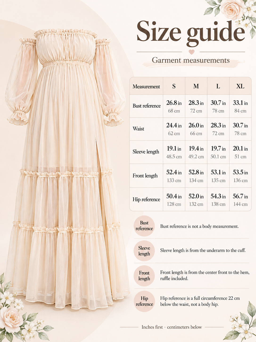 Size guide for the Evelisse Apricot maternity dress, S to XL garment measurements in inches and centimeters