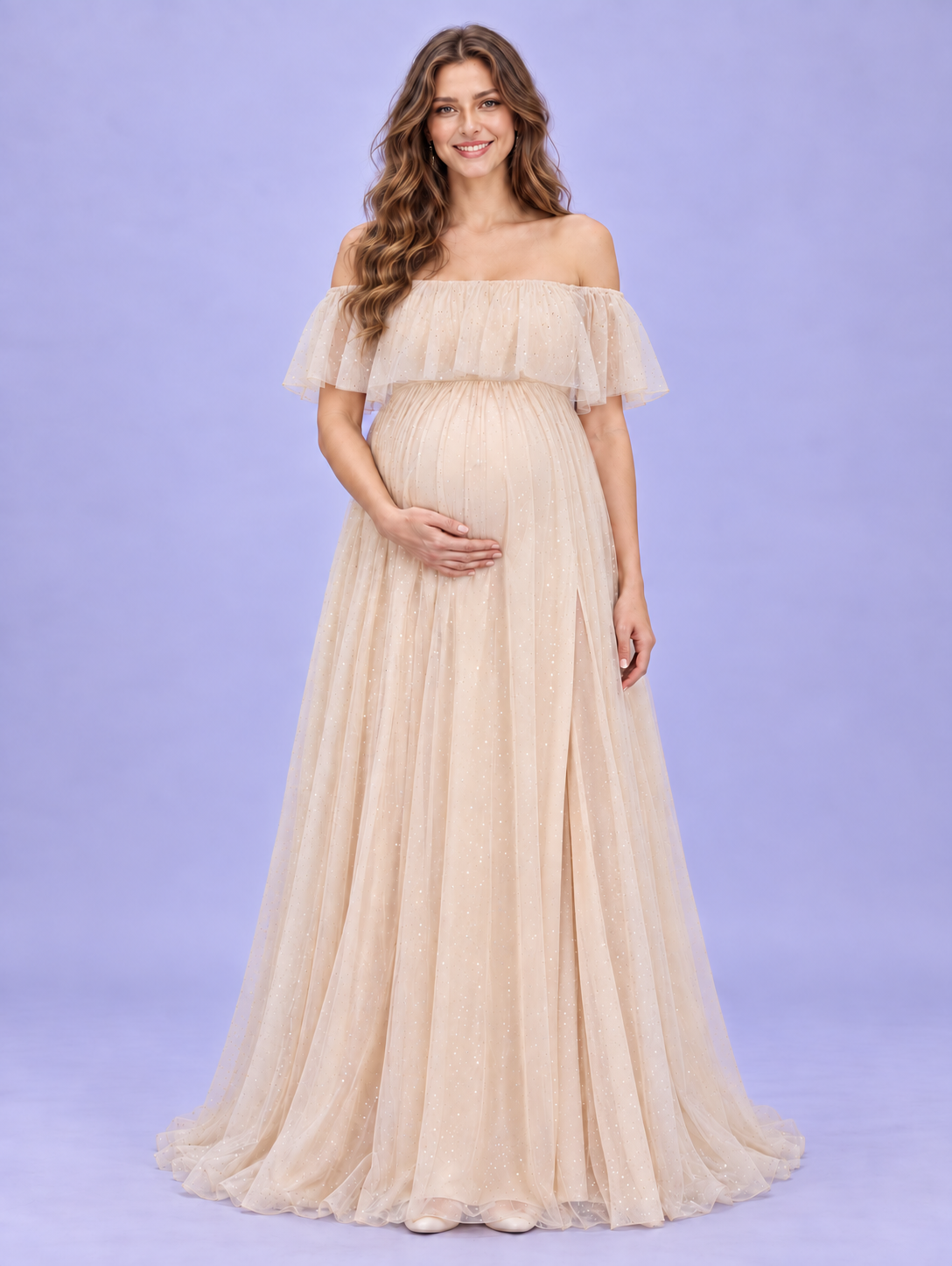 Odette Apricot Cream maternity dress — front view with off-shoulder ruffle and floor-length sparkle tulle skirt