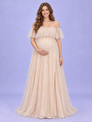 Odette Apricot Cream maternity dress — front view with off-shoulder ruffle and floor-length sparkle tulle skirt
