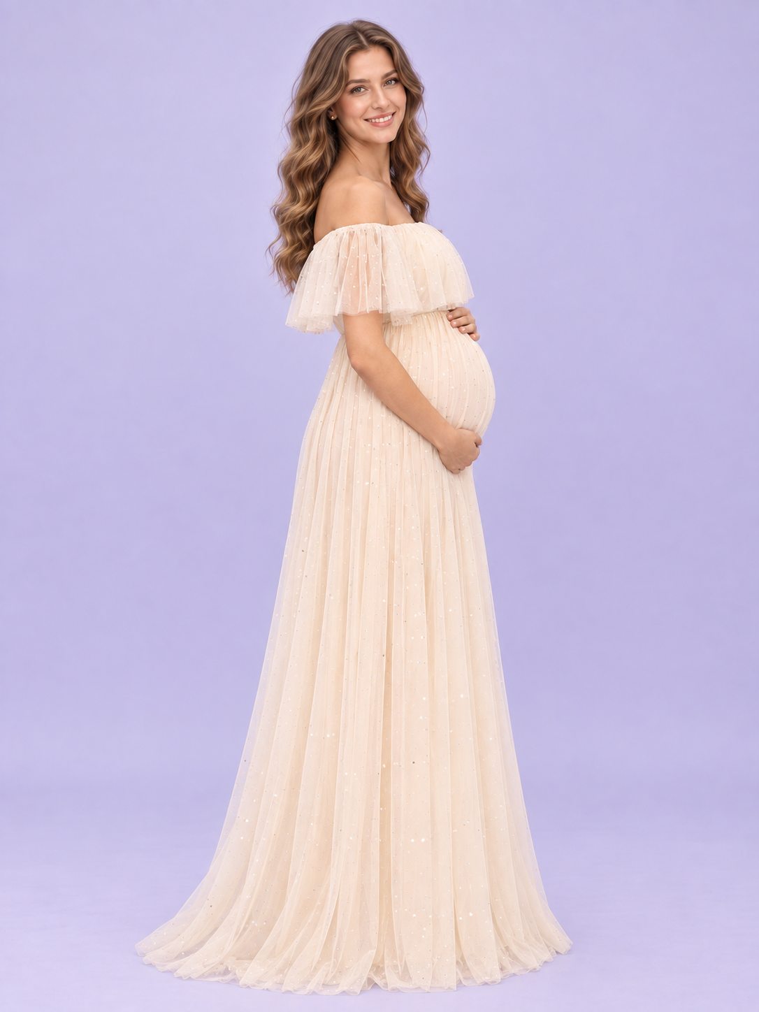Odette Apricot Cream maternity dress — side view of the high waist and maternity silhouette