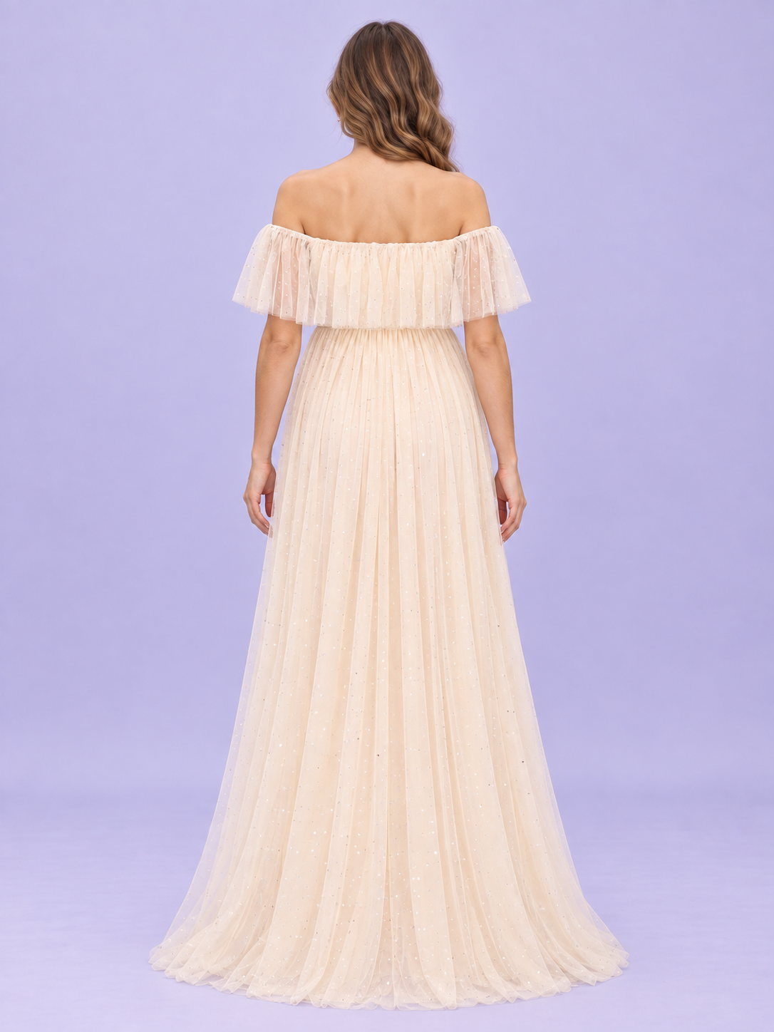 Odette Apricot Cream maternity dress — back view of the off-shoulder ruffle and full tulle skirt