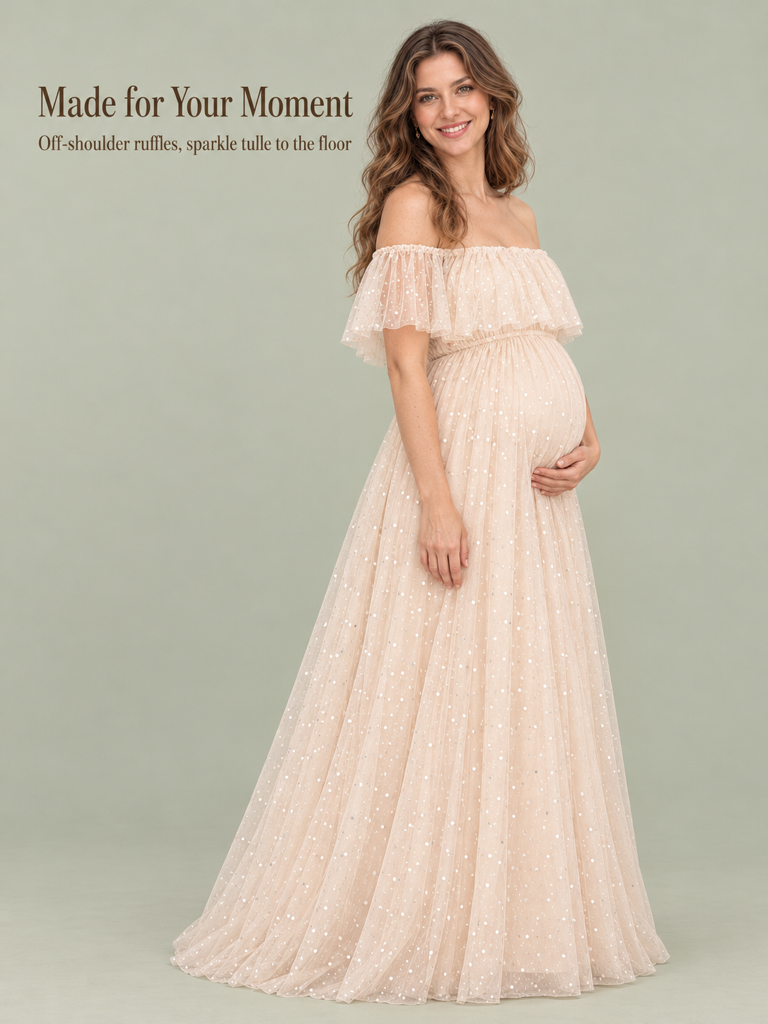 Odette Apricot Cream maternity dress — full-length studio portrait of the floor-length silhouette