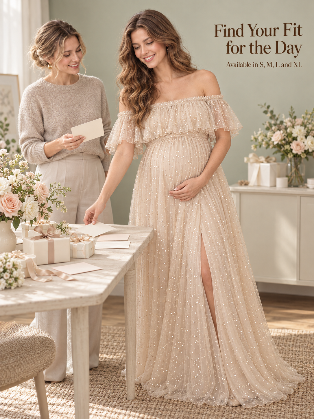 Odette Apricot Cream maternity dress — beside a gift table as a friend reads a card
