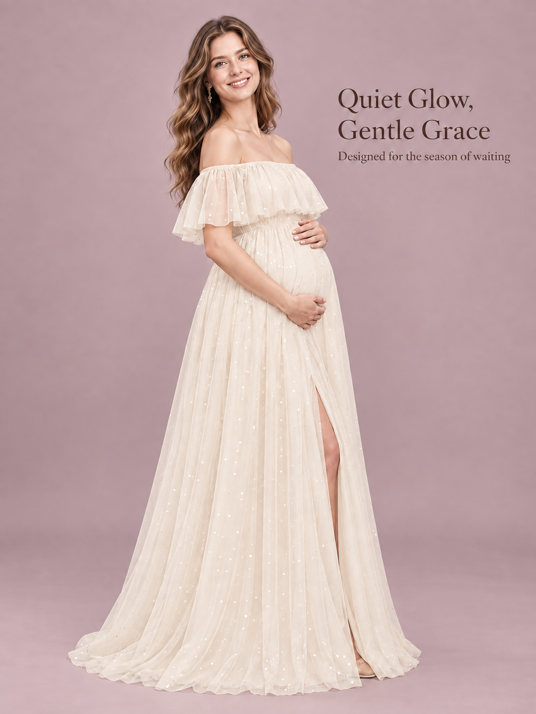 Odette Apricot Cream maternity dress — studio portrait with the high slit in view