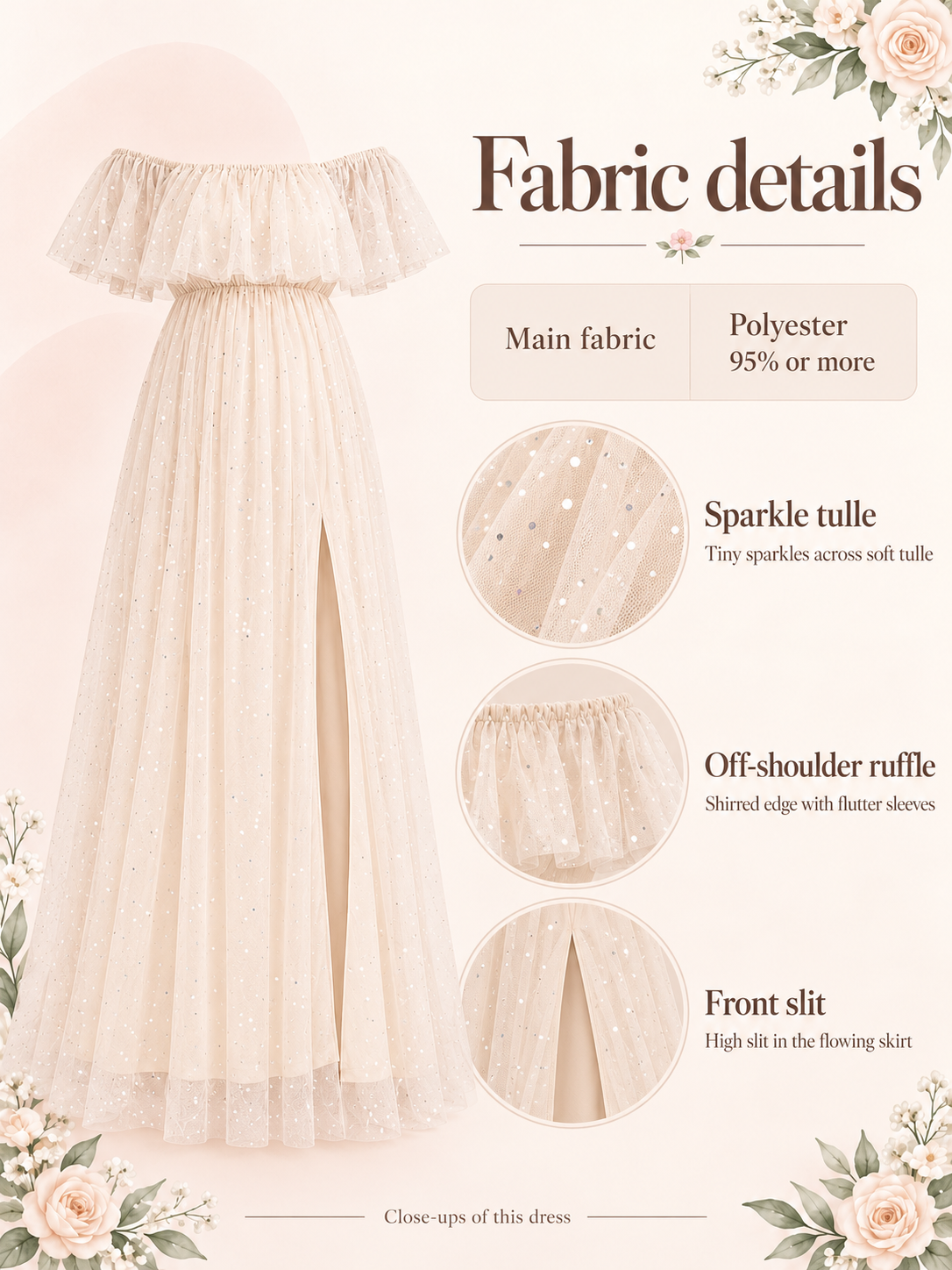 Odette Apricot Cream maternity dress — material guide showing the sparkle tulle, off-shoulder ruffle and front slit