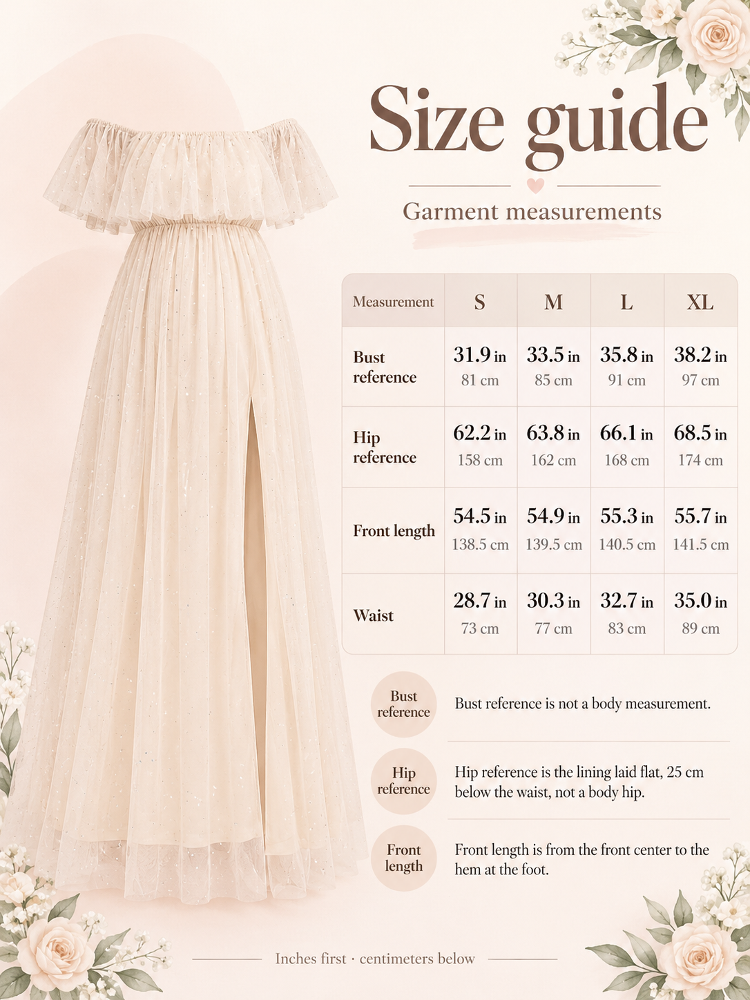 Odette Apricot Cream maternity dress — size guide with S to XL garment measurements in inches and centimeters