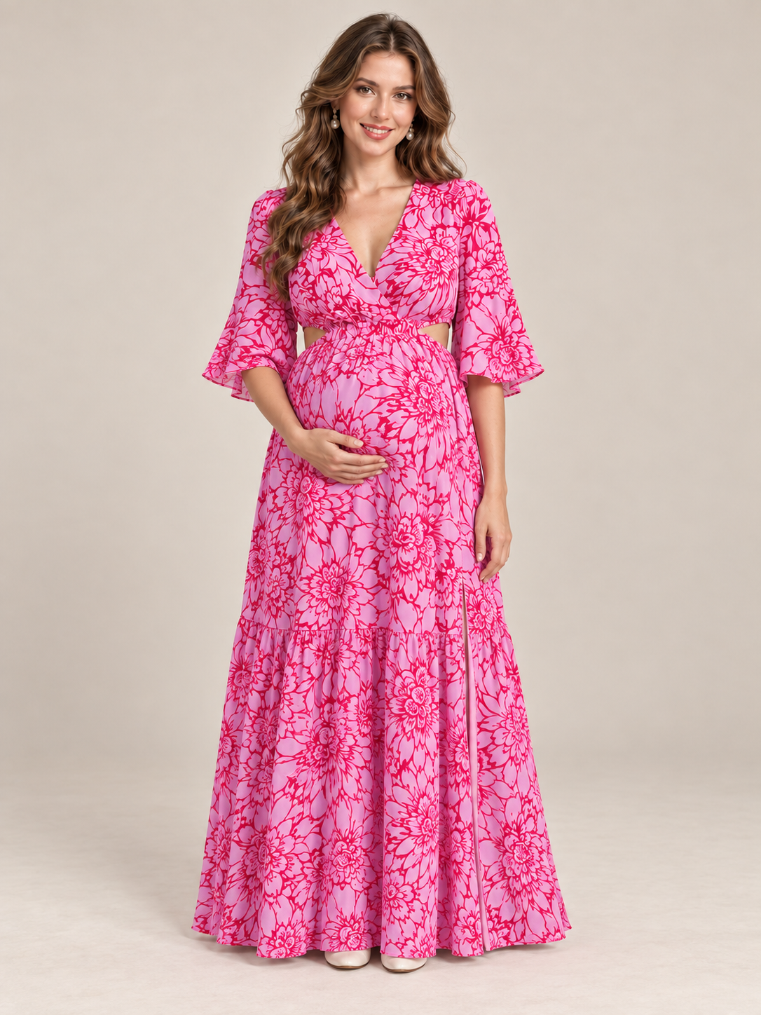 Esme Magenta Floral maternity dress — front view with deep V neckline, flared sleeves and tiered floral maxi skirt