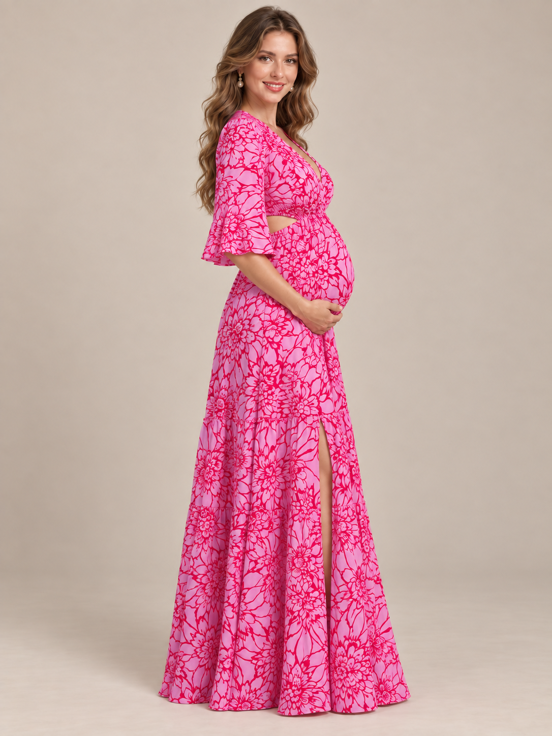 Esme Magenta Floral maternity dress — side view of the empire waist, side cutout and bump