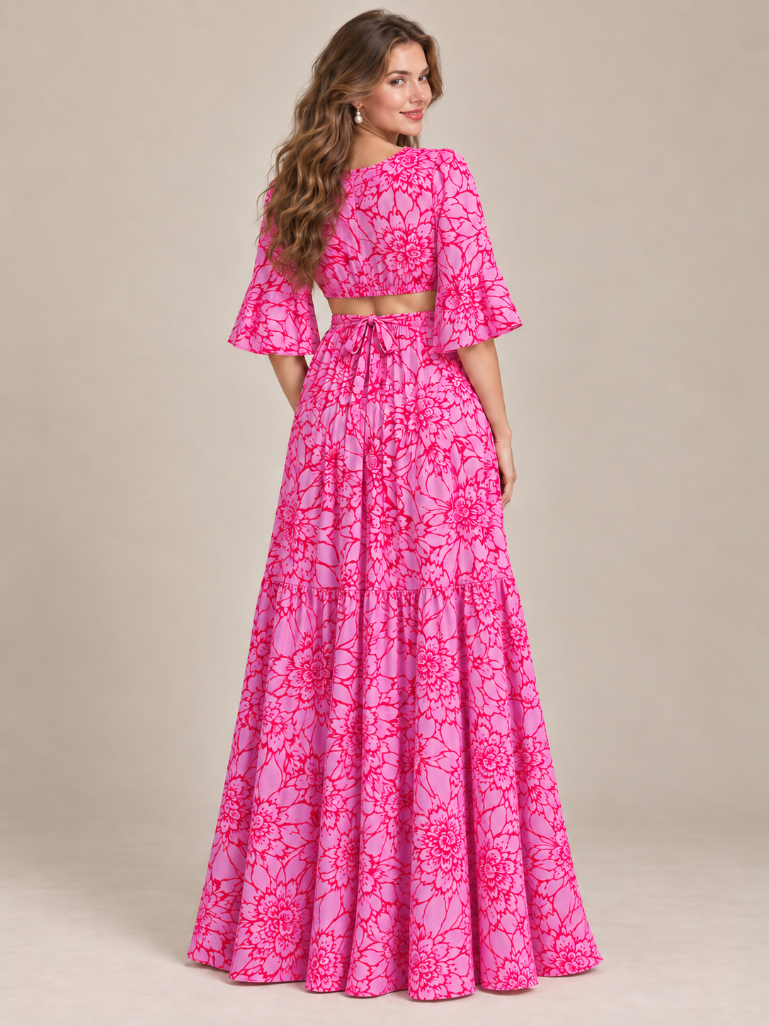 Esme Magenta Floral maternity dress — back view of the open mid-back and waist tie