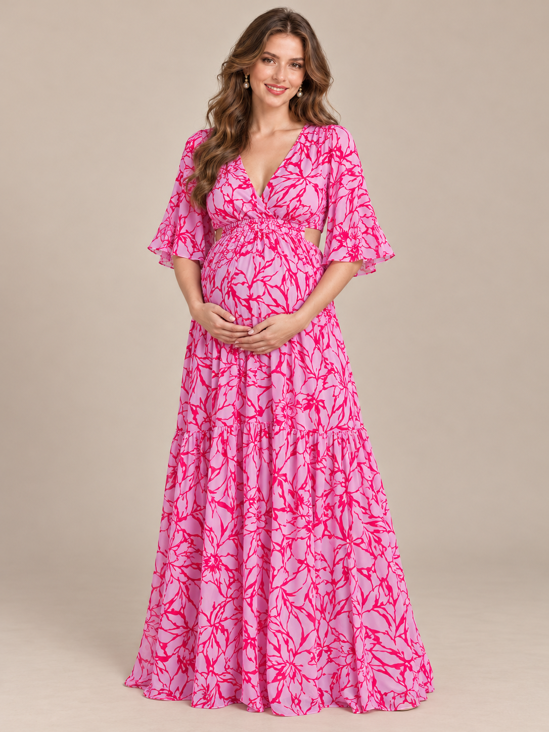Esme Magenta Floral maternity dress — two-tier floral maxi skirt and hem detail