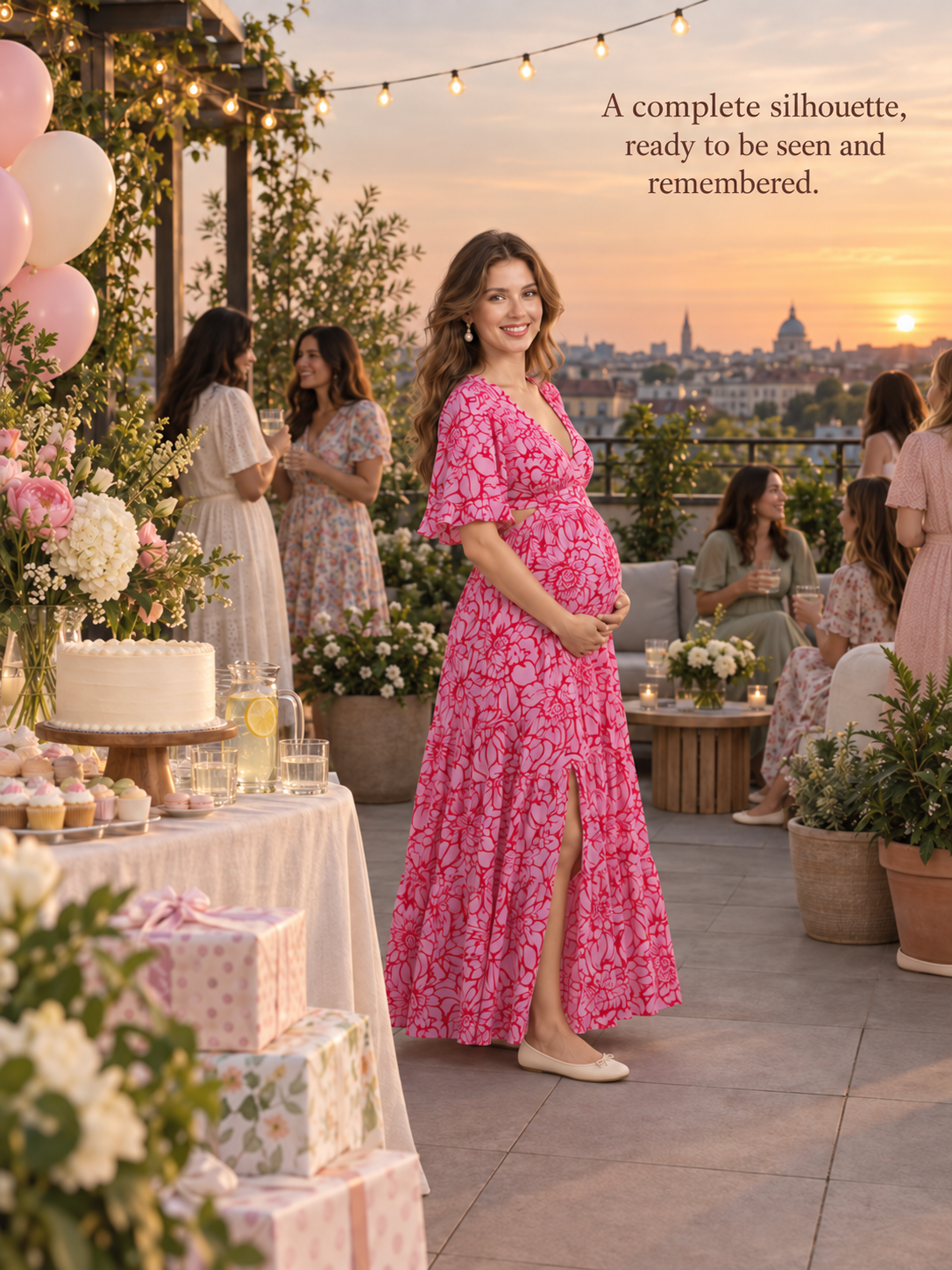 Esme Magenta Floral maternity dress — full silhouette at a rooftop celebration at sunset