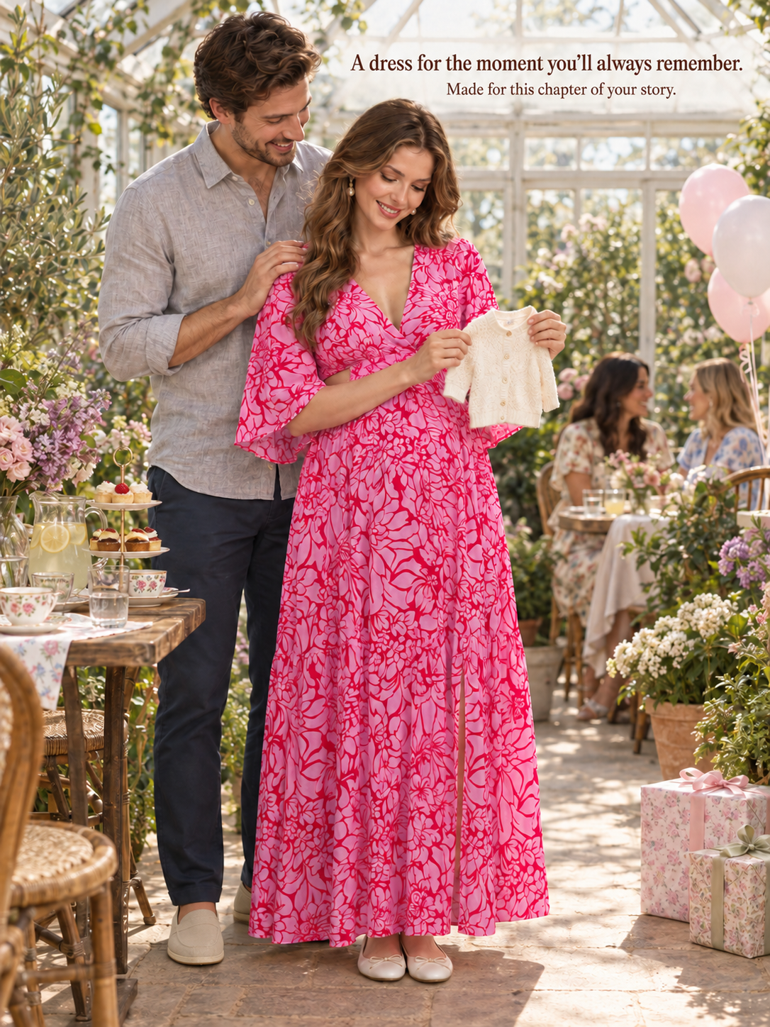 Esme Magenta Floral maternity dress — partner holding tiny baby clothes at a garden party