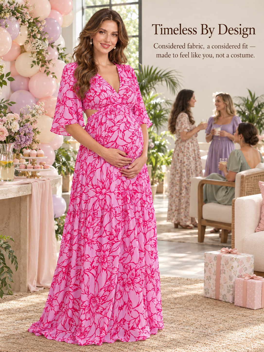 Esme Magenta Floral maternity dress — BabyShowerDress brand story at a balloon-filled celebration