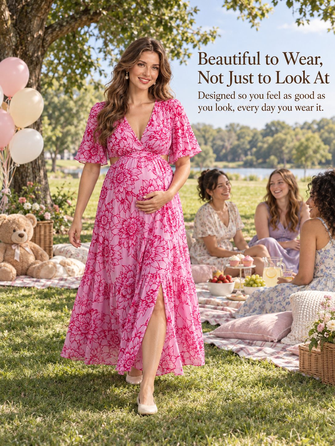 Esme Magenta Floral maternity dress — walking through a garden picnic baby shower