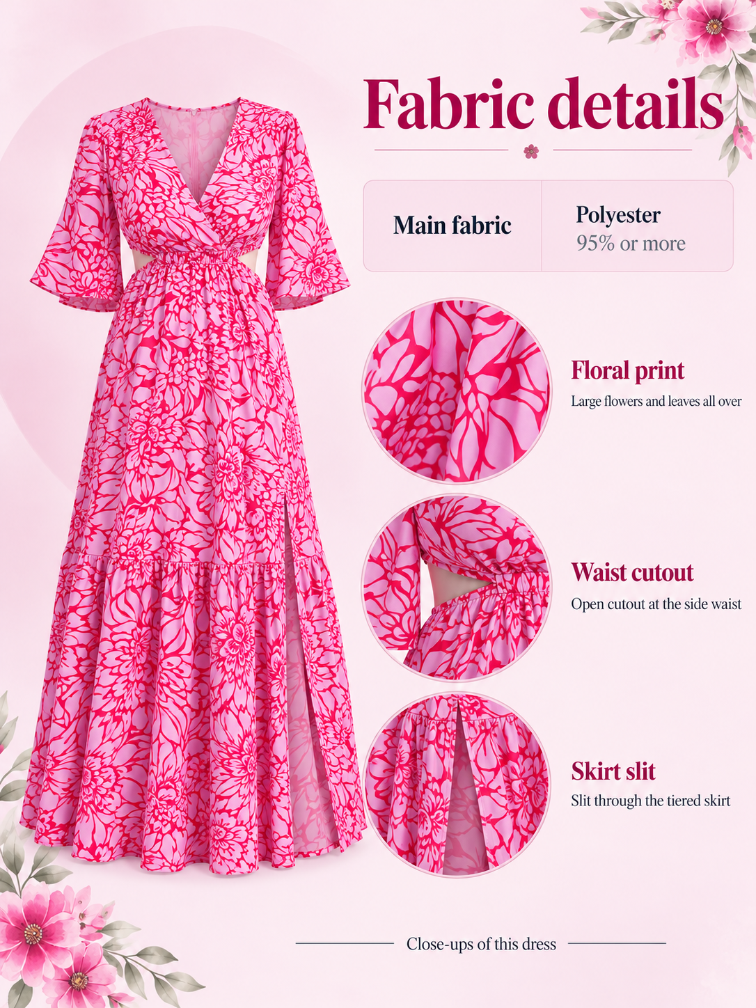 Esme Magenta Floral maternity dress — material guide showing the floral print, waist cutout and tiered skirt