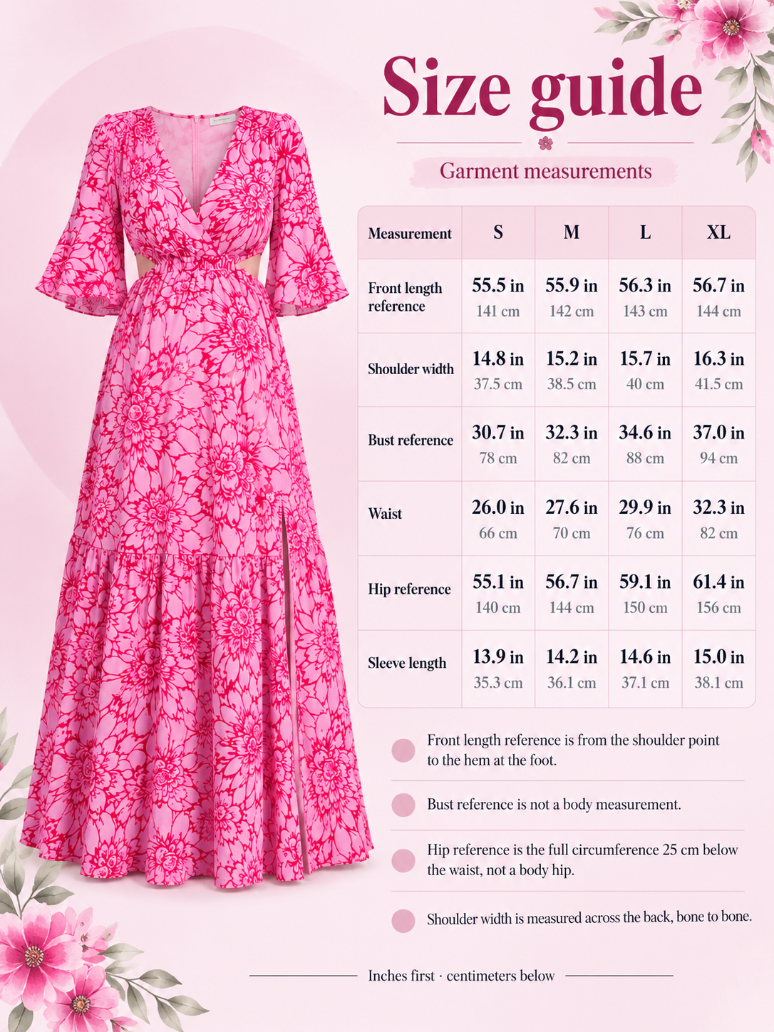 Esme Magenta Floral maternity dress — size guide with S to XL garment measurements in inches and centimeters