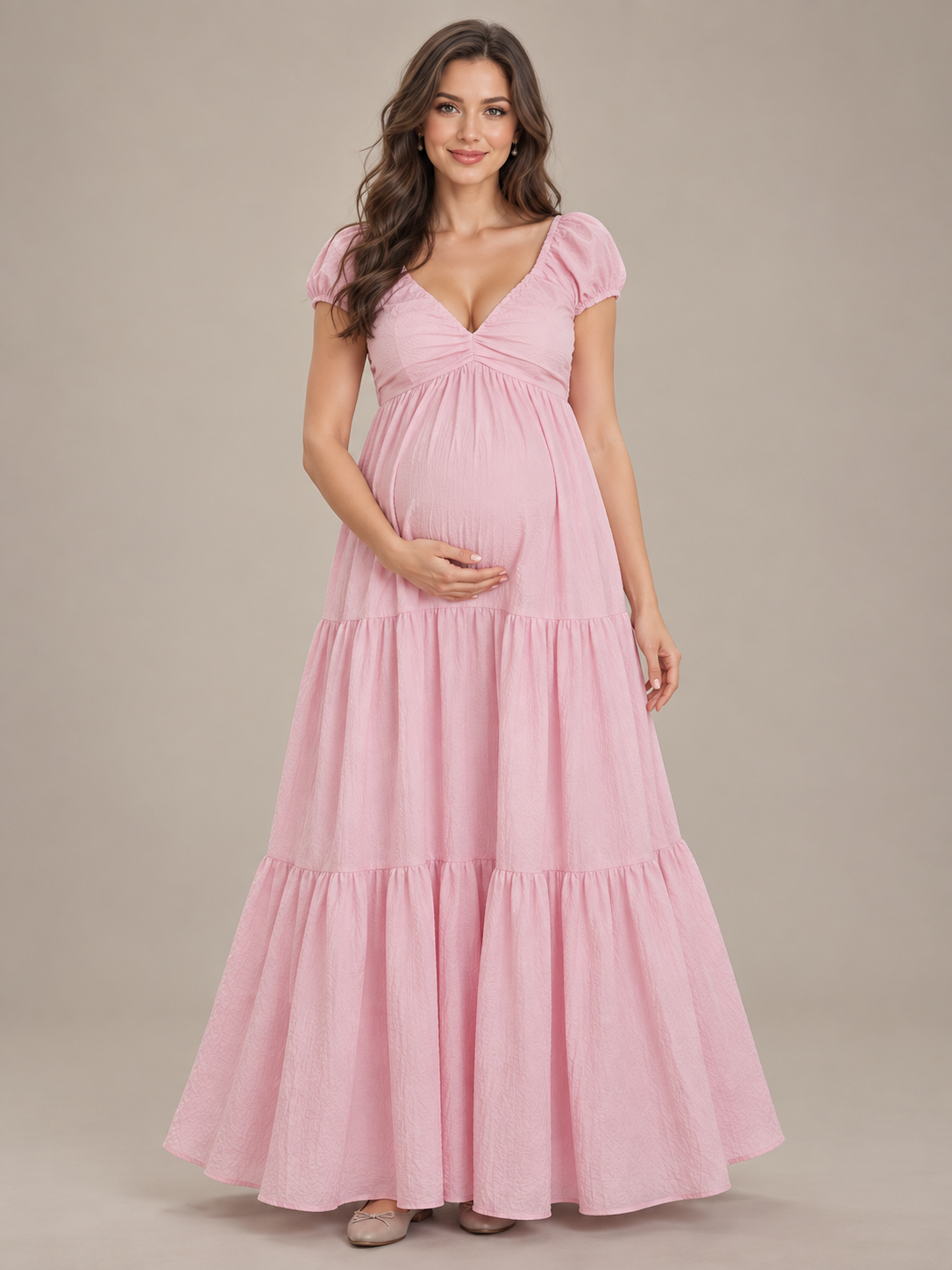 Adeline Baby Pink maternity dress — front view with deep V-neckline, puff sleeves and tiered maxi skirt