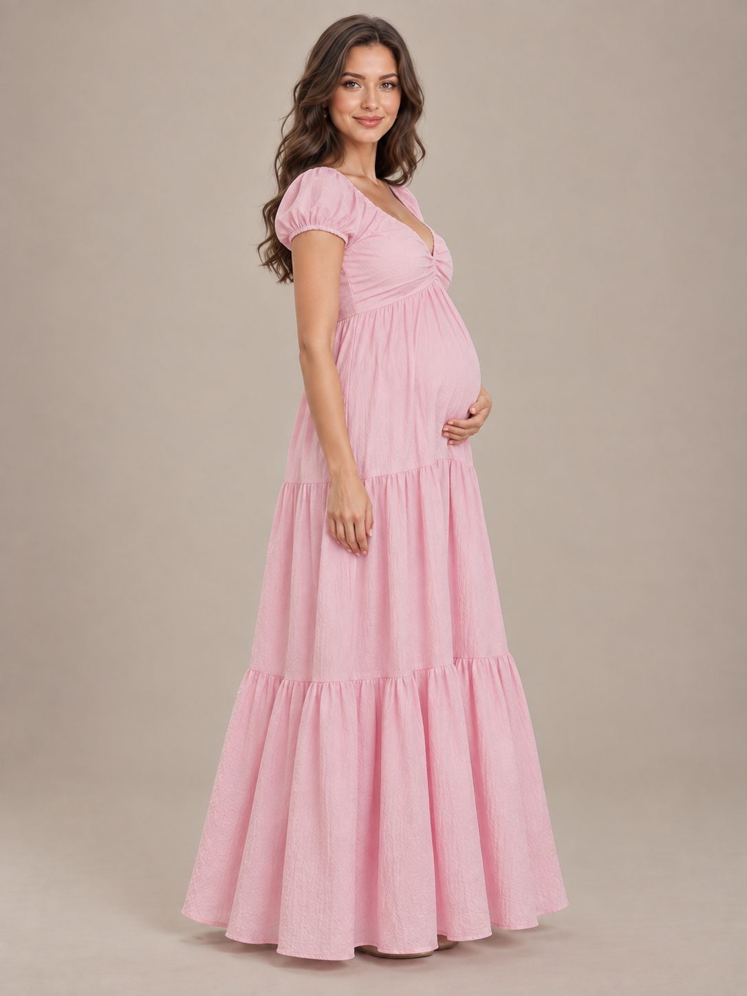 Adeline Baby Pink maternity dress — side view of the high waist and tiered skirt over the bump
