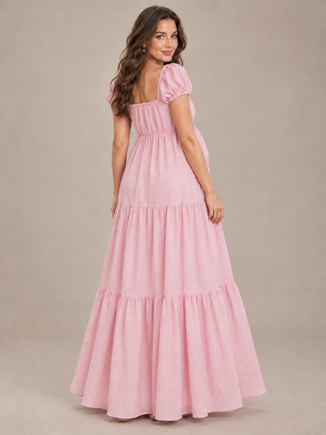 Adeline Baby Pink maternity dress — back view of the gathered square back neckline and puff sleeves