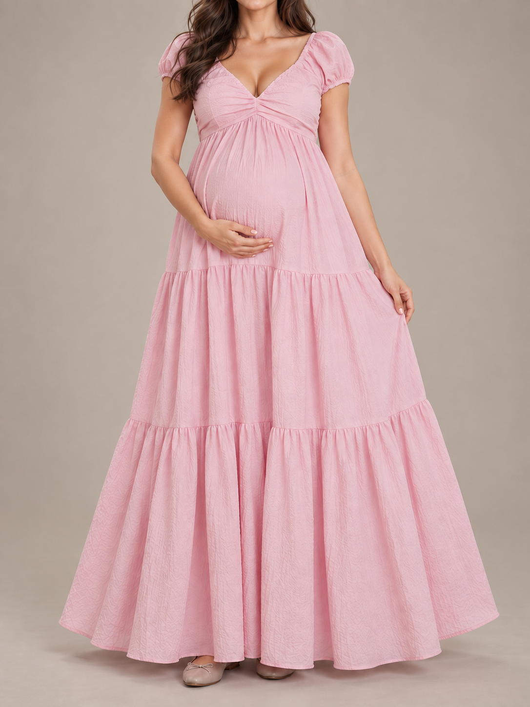Adeline Baby Pink maternity dress — tiered A-line skirt falling to the ankle
