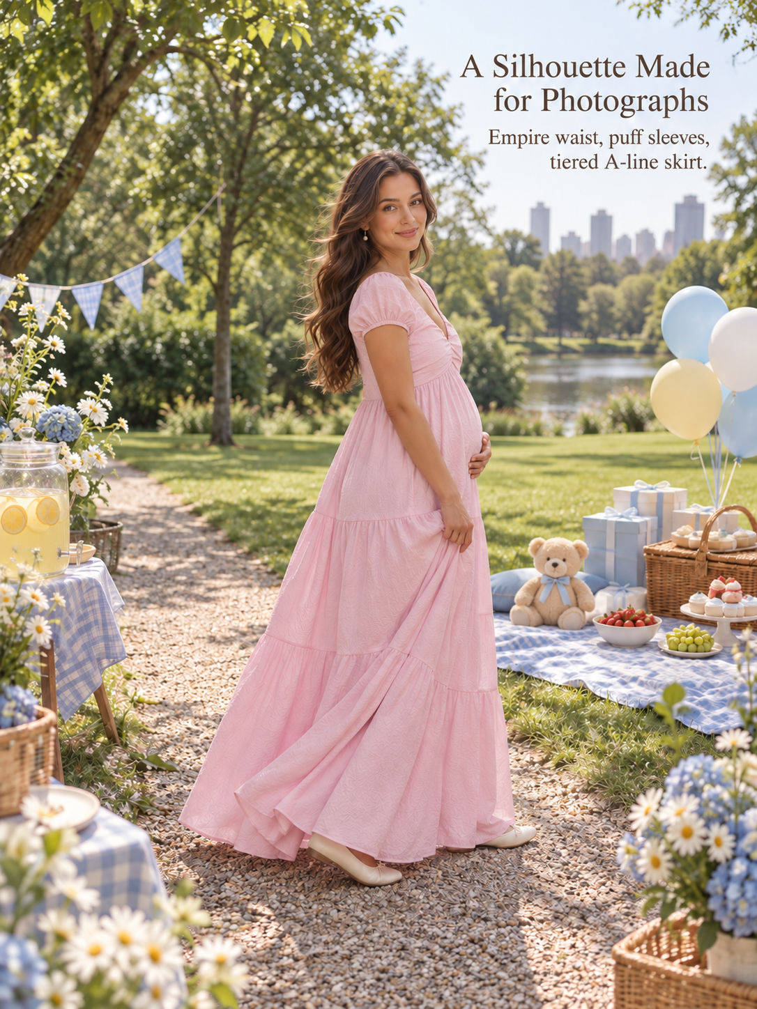 Adeline Baby Pink maternity dress — full-length silhouette on a garden path at a picnic celebration