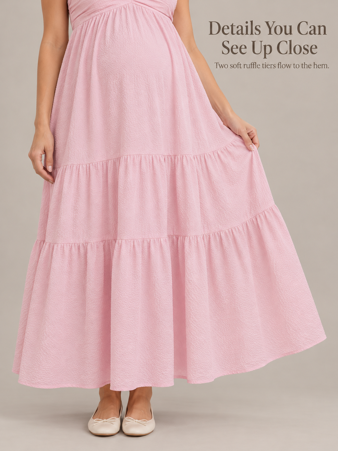 Adeline Baby Pink maternity dress — two ruffled skirt tiers and the finished hem up close