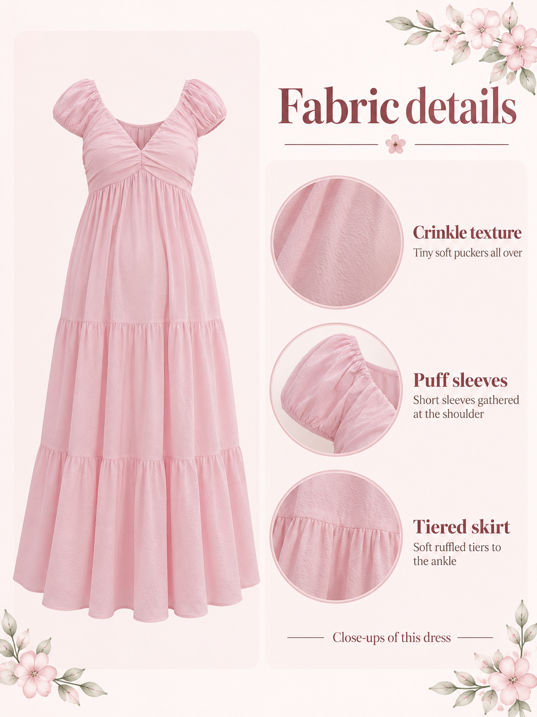 Adeline Baby Pink maternity dress — material guide showing the crinkle fabric, puff sleeves and tiered skirt