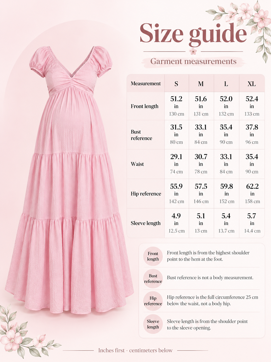 Adeline Baby Pink maternity dress — size guide with S to XL garment measurements in inches and centimeters