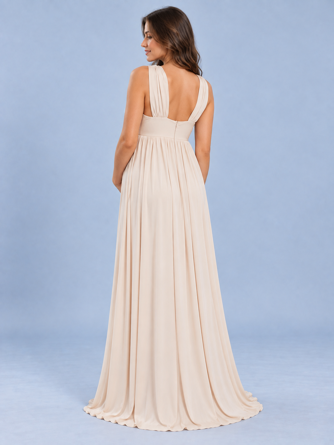 Delphine Light Apricot maternity dress — back view of the open back and wide straps