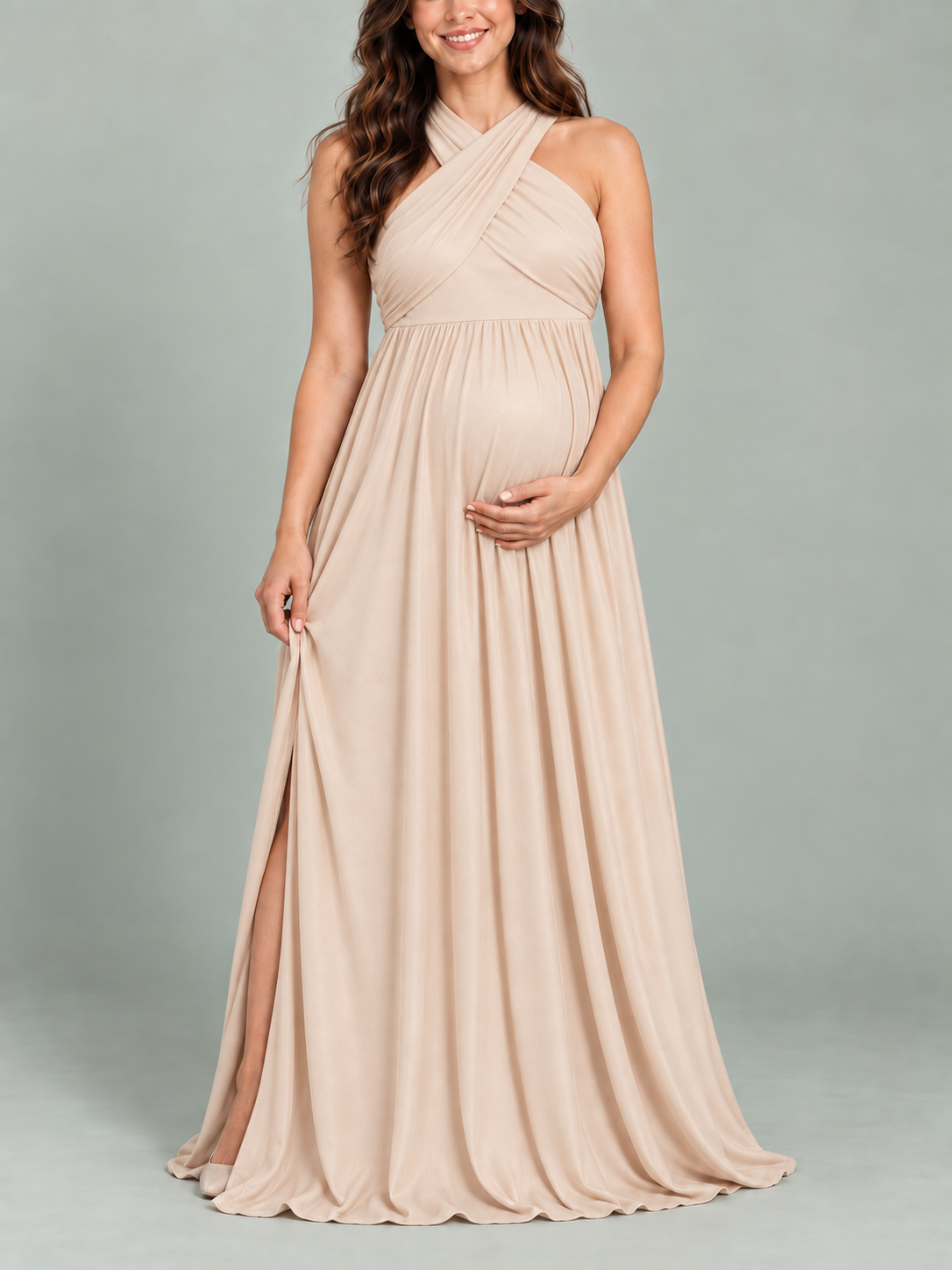 Delphine Light Apricot maternity dress — flowing skirt with the slit on the wearer's right