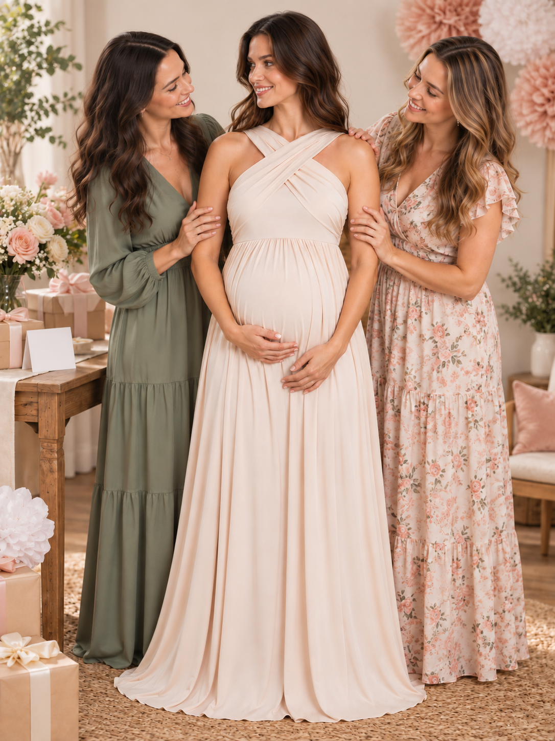 Delphine Light Apricot maternity dress — celebrating with two friends at a baby shower