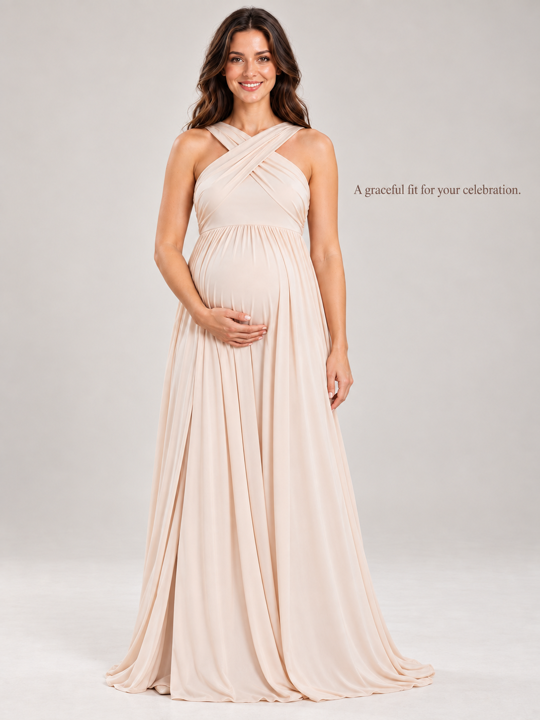 Delphine Light Apricot maternity dress — full-length silhouette in soft studio light