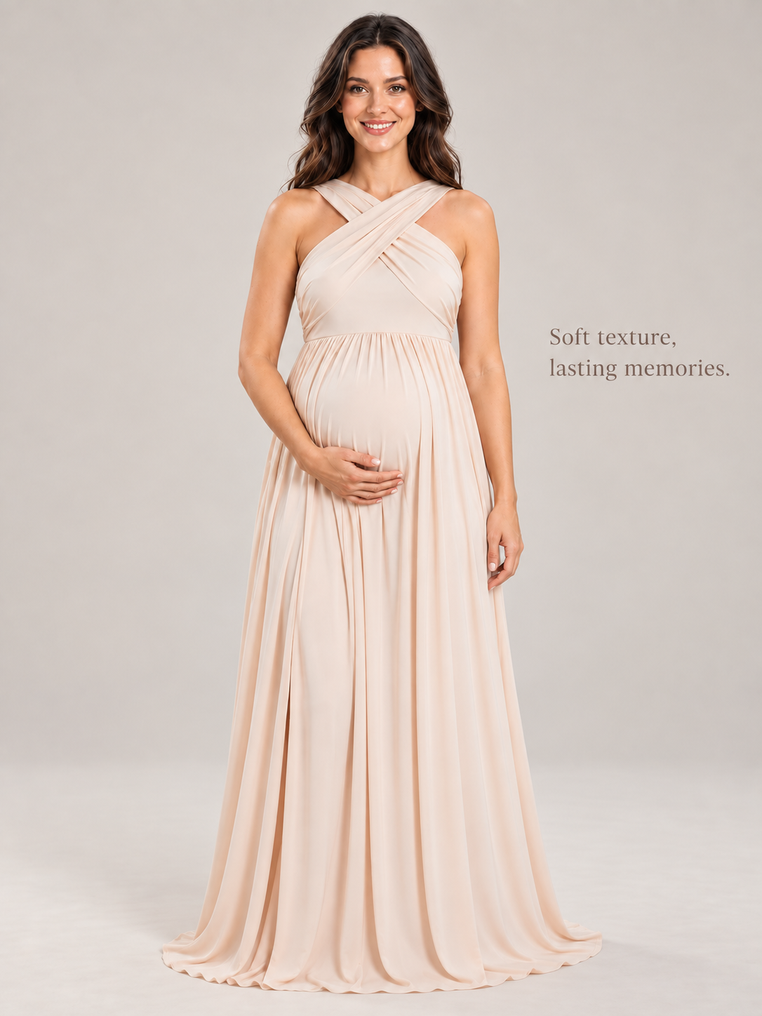 Delphine Light Apricot maternity dress — smooth fabric and soft drape in gentle light