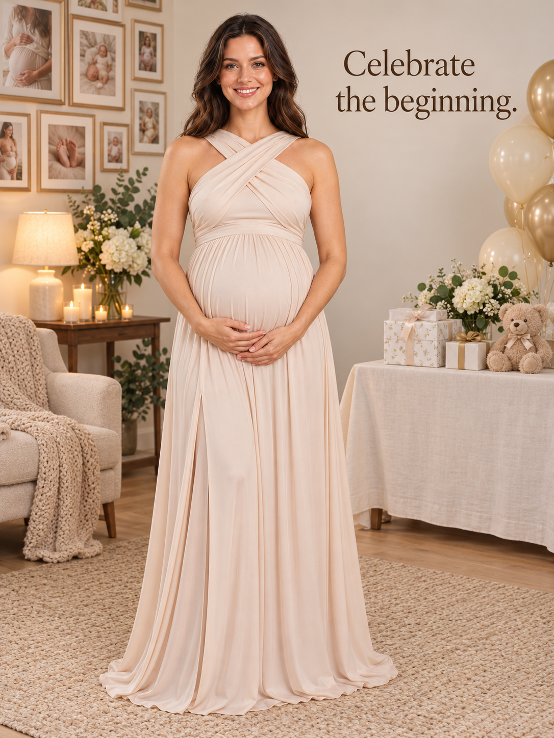 Delphine Light Apricot maternity dress — baby shower lounge with gifts and balloons