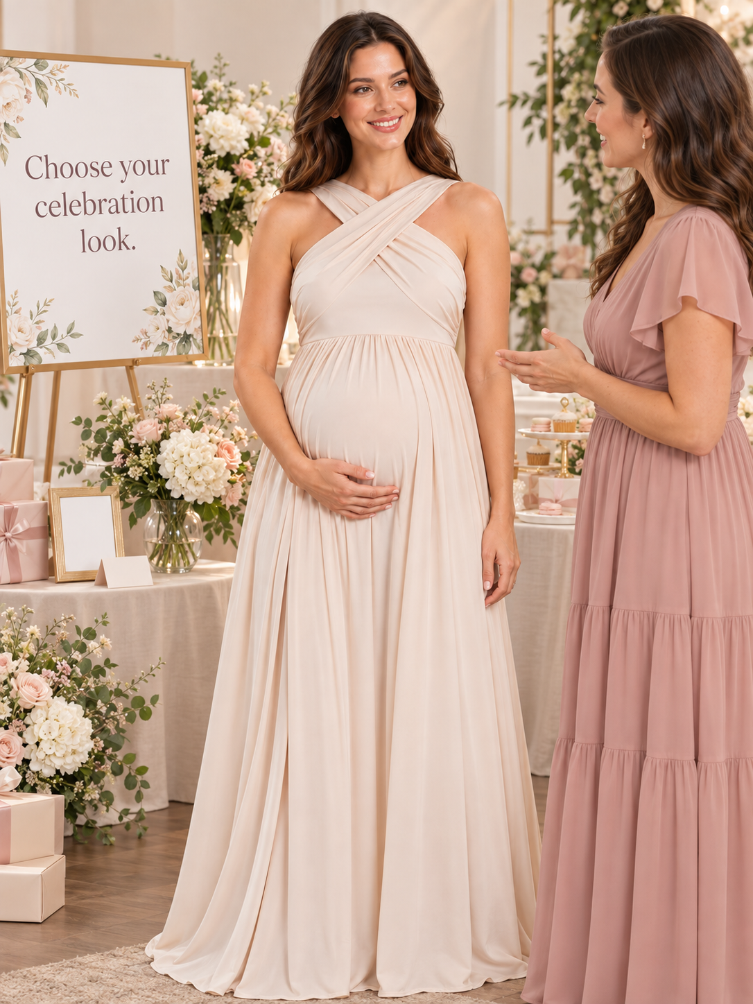 Delphine Light Apricot maternity dress — talking with a friend beside a celebration sign