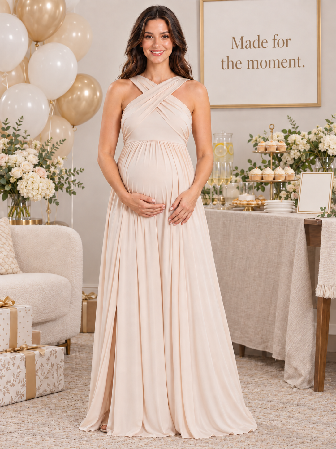 Delphine Light Apricot maternity dress — standing by a baby shower dessert table