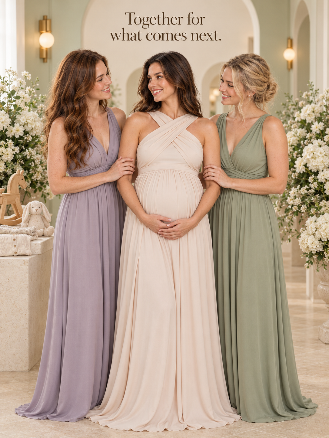 Delphine Light Apricot maternity dress — with two friends in long dresses at a celebration