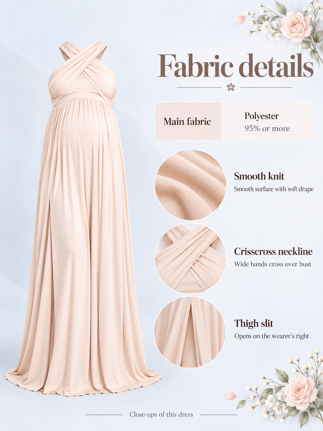 Delphine Light Apricot maternity dress — material guide showing the crisscross neckline, smooth knit and thigh slit