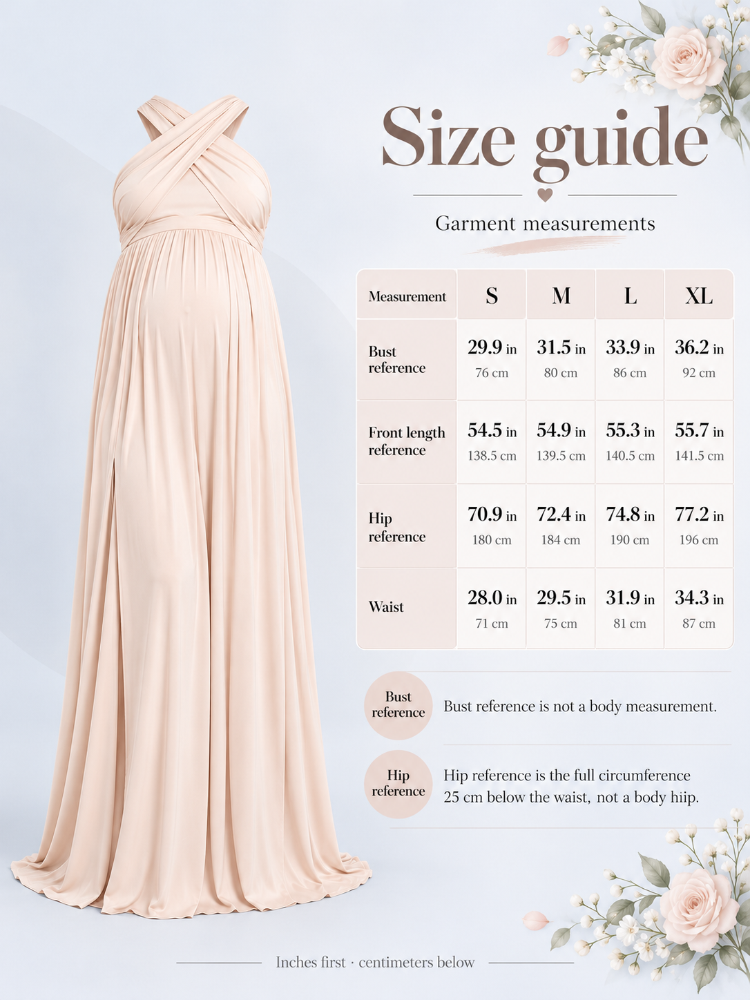 Delphine Light Apricot maternity dress — size guide with S to XL garment measurements in inches and centimeters