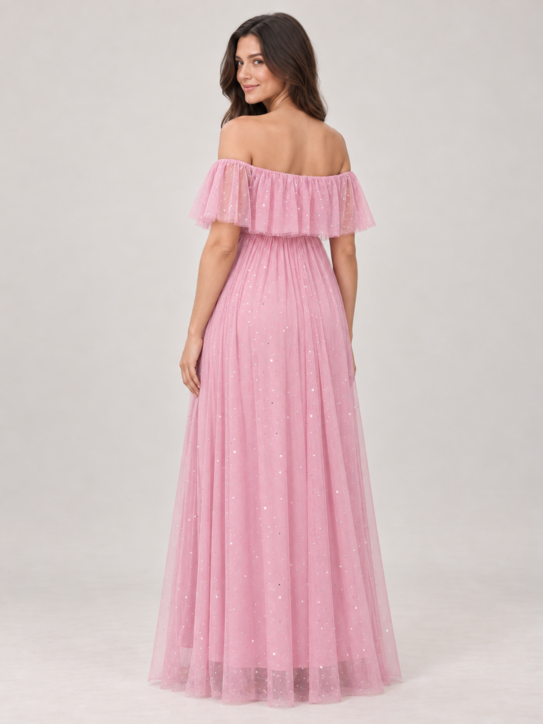 Odette Dusty Pink maternity dress — back view of the off-the-shoulder flounce and tulle skirt