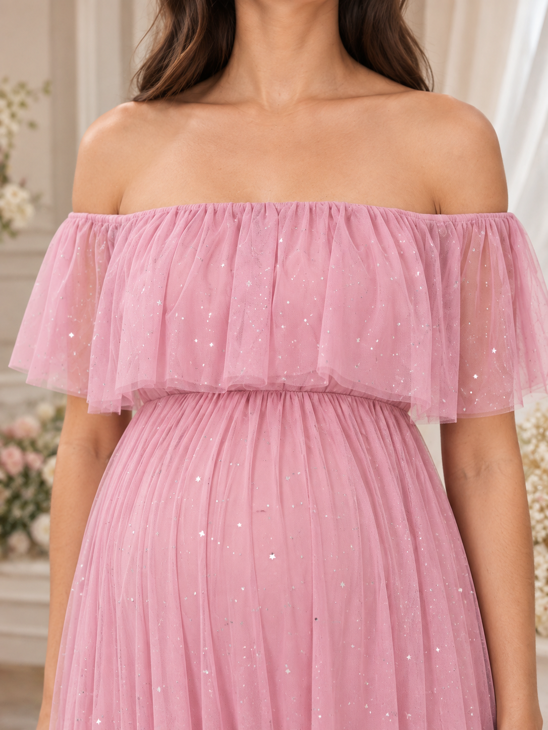 Odette Dusty Pink maternity dress — off-the-shoulder neckline and tulle flounce close-up