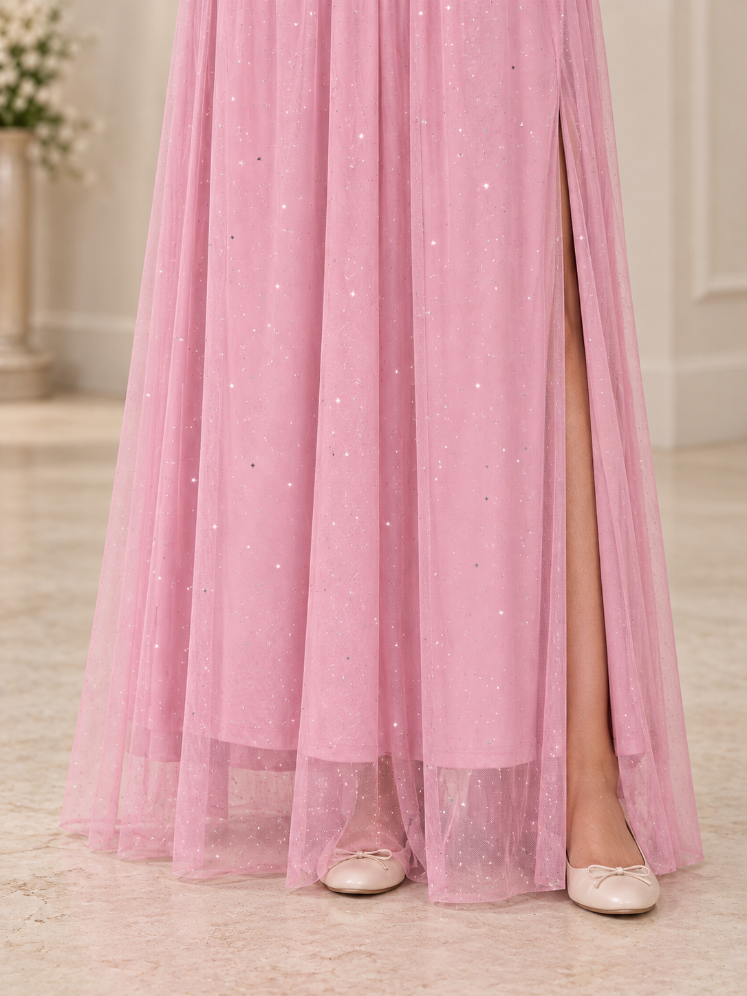 Odette Dusty Pink maternity dress — tulle hem over the lining and front slit on the wearer's left